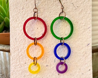 Simple Rainbow Pride Earrings.  Long Style.  Laser Cut Acrylic.  Shop Name: Jillmccp