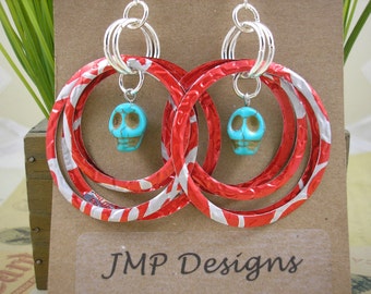 Stacked Hoop Circle with Skull Earrings   DOUBLE-sided.  Recycled Soda Can Art. Coca Cola