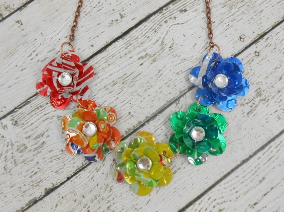 5 Mini Rose Statement Necklace.  Recycled Soda Can Art. Rainbow