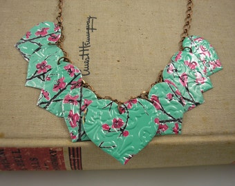 9 Heart Bohemian Necklace.  DOUBLE-sided.  Recycled Soda Can Art.  Arizona Tea.  Shop Name: Jillmccp