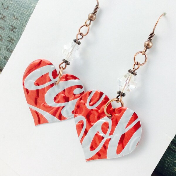 Heart Earrings w/ Crystal Bead.  DOUBLE-sided.  Recycled Soda Can Art. Embossed. Coca Cola