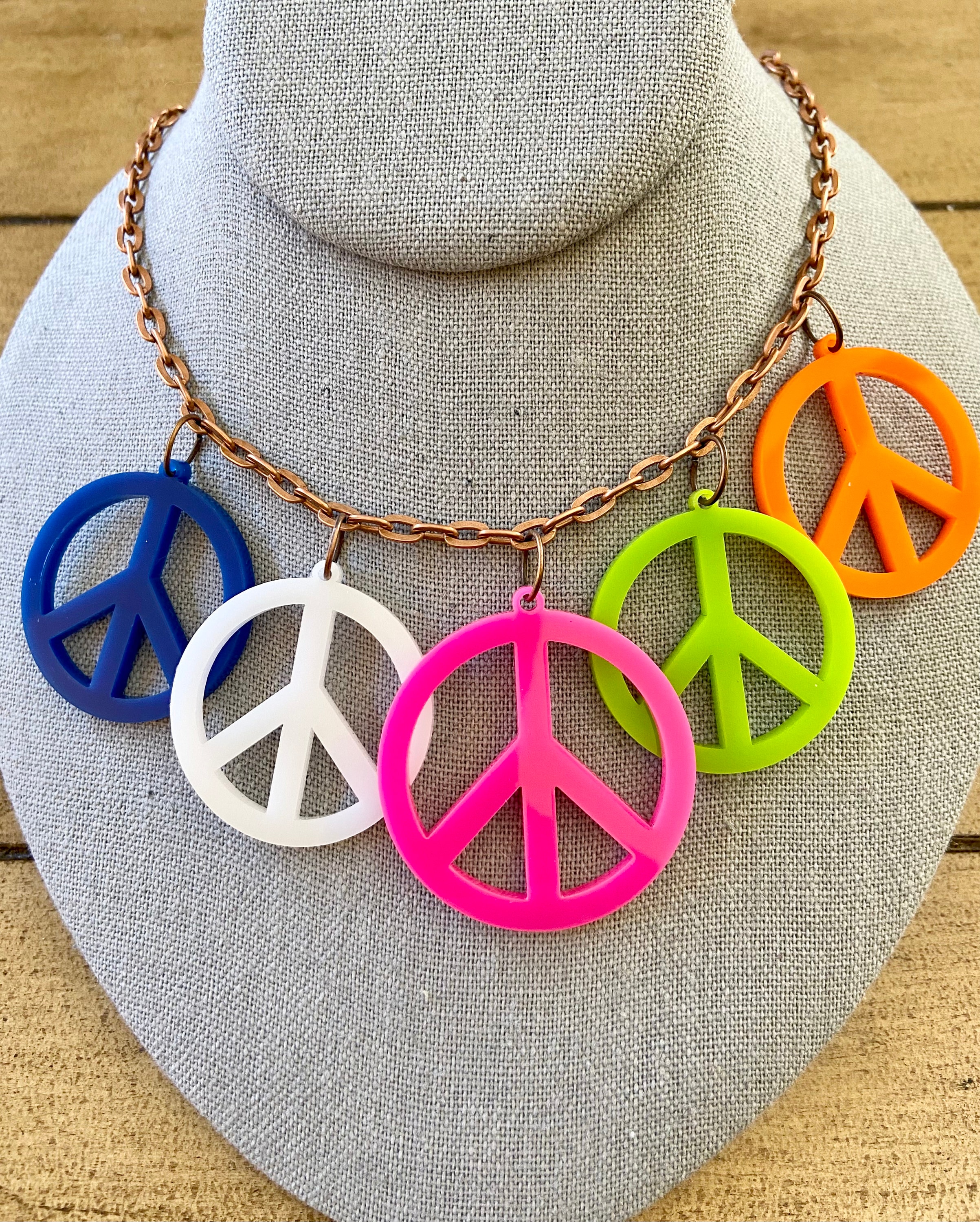 Peace Sign 5 Colorful Necklace.  Laser Cut. Acrylic.  Shop Name:  Jillmccp
