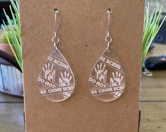 True Crime Scene Acrylic Earrings.  Laser Cut.  Engraved.  Shop Name: jillmccp
