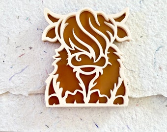 Cute Highland Cow Lapel Pin - Brooch. Laser Cut Acrylic. Shop Name: Jillmccp