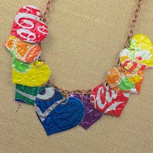 Rainbow 9 Heart Necklace. Recycled Soda Can Art.  DOUBLE-sided and Embossed.  Coca Cola