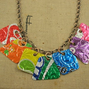 7 Pieces of 8 Necklace. DOUBLE-sided and Embossed. Recycled Soda Can Art. RAINBOW image 1