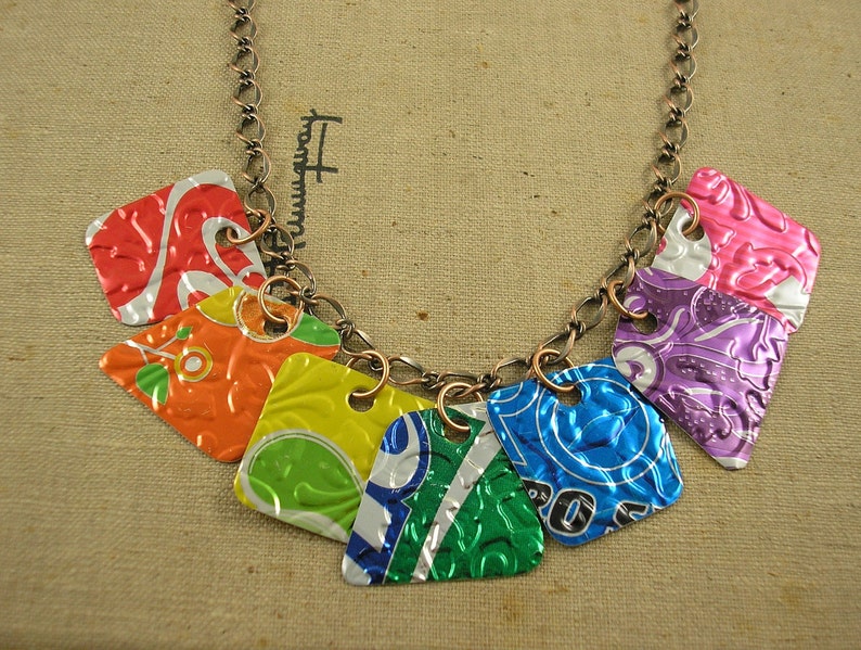 7 Pieces of 8 Necklace. DOUBLE-sided and Embossed. Recycled Soda Can Art. RAINBOW image 1