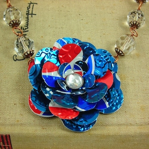 Pepsi Rose and Crystal Necklace. Recycled Soda Can Art.