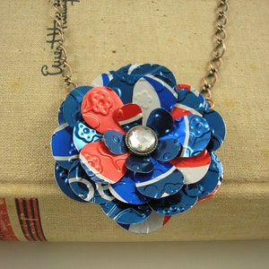 Recycled Soda Can Art.  Pepsi Rose Necklace. Upcycled Statement Necklace.