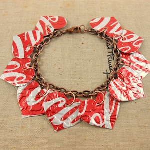 10 Red Heart Bracelet.. DOUBLE-sided.  Recycled Soda Can Art.  Coca Cola  Store Name: Jillmccp