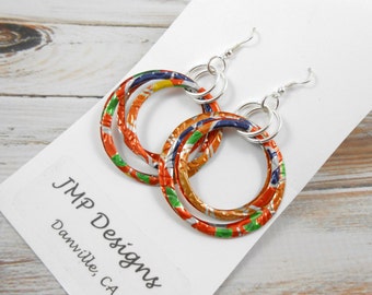 Stacked Hoop Circle Earrings.  DOUBLE-sided.  Embossed.  Recycled Soda Can. Fanta