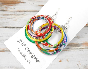RAINBOW Stacked Hoop Circle Earrings.  Recycled Soda Can Art. DOUBLE-sided. Embossed. Hoop Earrings.  Shop Name: Jillmccp