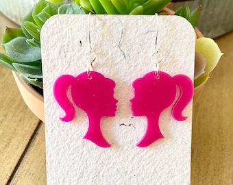 Barbie Earrings. Magenta.  Silhouette. Acrylic.  JMP Designs. Shop Name: jillmccp