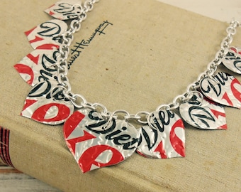 9 Heart Necklace.  DOUBLE-sided and Embossed.  Recycled Soda Can Art.  Diet Coke