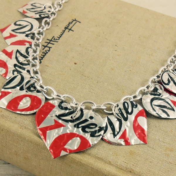 9 Heart Necklace.  DOUBLE-sided and Embossed.  Recycled Soda Can Art.  Diet Coke