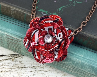Dr Pepper Rose Necklace.  Recycled Soda Can Art.   Dr Pepper. Shop Name: Jillmccp