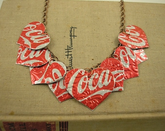 9 Heart Necklace. Recycled Soda Can Art.  DOUBLE-sided and Embossed.  Coca Coca.  Shop Name: Jillmccp