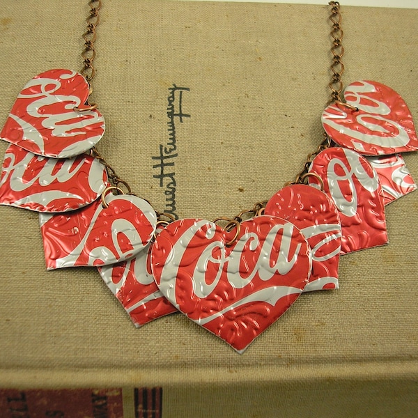 9 Heart Necklace. Recycled Soda Can Art.  DOUBLE-sided and Embossed.  Coca Coca.  Shop Name: Jillmccp