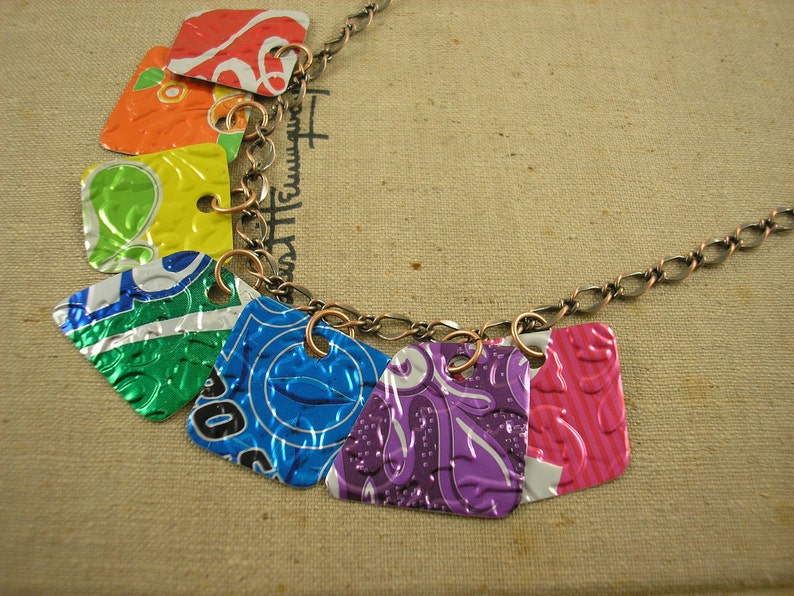 7 Pieces of 8 Necklace. DOUBLE-sided and Embossed. Recycled Soda Can Art. RAINBOW image 3