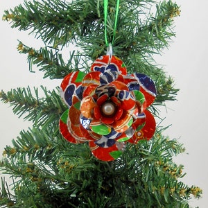 Fanta Flower Christmas Ornament.  Recycled Soda Pop Can Art.  Double-sided.