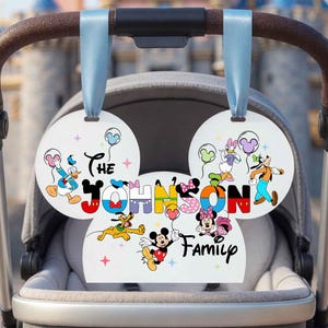 Personalized Acrylic Family Name Stroller Sign, Mouse Head Theme Park Sign for Stroller, Character Theme ID Tag WDW Scooter Tag