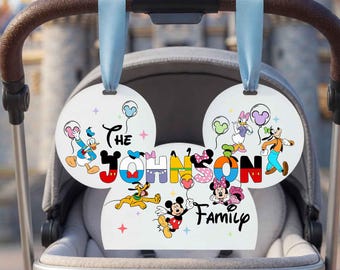 Letrero acrílico personalizado con el nombre de la familia para cochecito, letrero de Mickey Mouse para cochecito, etiqueta de identificación temática de personajes para scooter de WDW