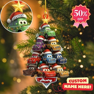 Personalized Cars Movie Ornament, Custom Name Lightning McQueen, Christmas Tree Decor, Animated Car Characters, Stacked Cars Family Gift