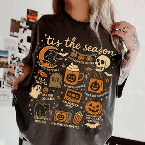 Vintage Halloween Comfort Colors® Shirt, Tis&#39; the Season, Retro Halloween Aesthetic, Women&#39;s Halloween Shirt, Pumpkin Witch Graphic Tee