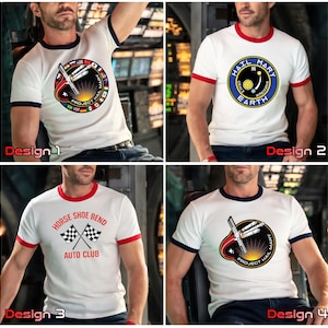 May include: White ringer t-shirts with various designs. Design 1 features a rocket and text "PROJECT HAIL MARY". Design 2 has a circular emblem with text "HAIL MARY EARTH". Design 3 displays "HORSE SHOE BEND AUTO CLUB". Design 4 shows a rocket and "PROJECT HAIL MARY".