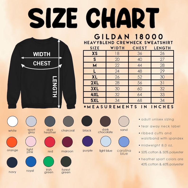 May include: A black Gildan 18000 Heavyblend crewneck sweatshirt with a size chart. The chart lists measurements in inches for sizes XS to 5XL, including width, chest, and length. Colour swatches are displayed below.