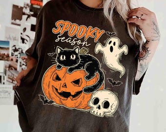 Vintage Halloween Shirt, Black Cat Pumpkin Comfort Colors Tee