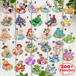 May include: A collection of colorful character-themed floaties, each featuring a different cartoon figure. The floaties are round with a white inner tube and a character design on top. Each floatie has a space for a name.