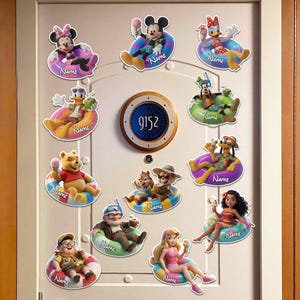 May include: A collection of eleven Disney-themed character stickers arranged on a door, each featuring a character in a colorful pool float with a space labeled Name. Characters include Mickey, Minnie, Donald, Daisy, Goofy, Pluto, Winnie the Pooh, Chip and Dale, Carl, Russell, Moana, and Aurora.
