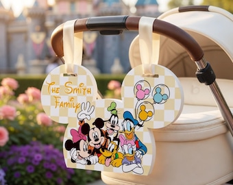 Customize Checkered Acrylic Family Name Stroller Sign, Retro Mickey Theme Park Sign for Stroller, Characters Luggage Tag Disney Carriage