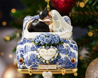 Custom Newlywed Ornament 2025, Personalized Just Married Car, Mr and Mrs Gift, Our First Christmas Wedding Couple Keepsake, Blue Toile Decor