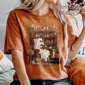 Comfort Colors Retro Ghost Reading Books Shirt, Librarian Ghost Halloween Halloween Teacher Shirt, Halloween Shirt, Teacher Gift, Boo School
