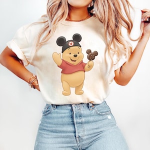 Pooh Mouse Ears Shirt, Theme Park Vacation Tee, Family Matching Apparel, Magic Castle Clothing, Cute Snack Time Top, Retro Bear Theme Tops