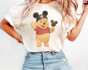 Pooh Mouse Ears Shirt, Theme Park Vacation Tee, Family Matching Apparel, Magic Castle Clothing, Cute Snack Time Top, Retro Bear Theme Tops