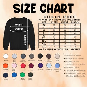 May include: A black Gildan 18000 Heavyblend crewneck sweatshirt with a size chart. The chart lists sizes XS to 5XL, with measurements in inches for width, chest, and length. Color options are displayed below.