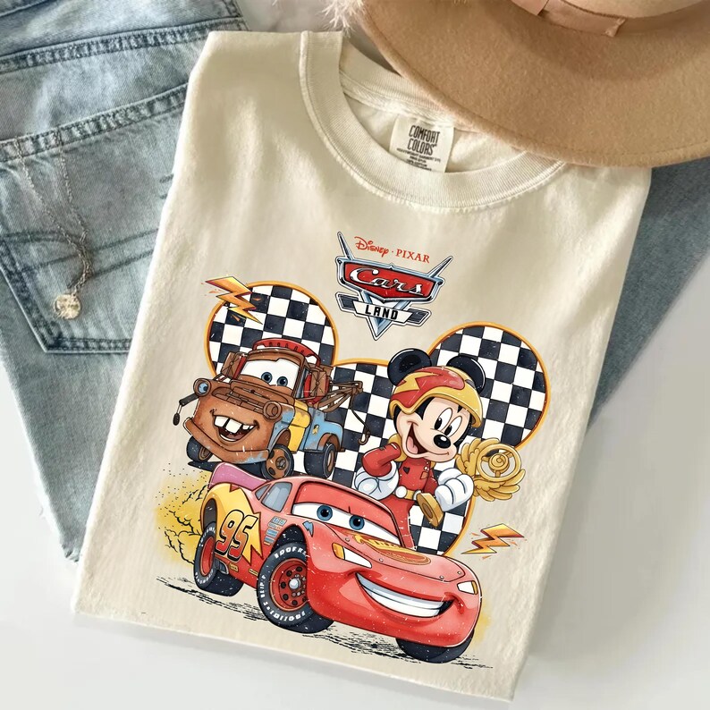 Vintage Lightning McQueen And Mickey Mouse Shirt, Lightning McQueen & Mater Tee, Disney Family Trip 2026, Cars Land Racing Graphic Tee image 2
