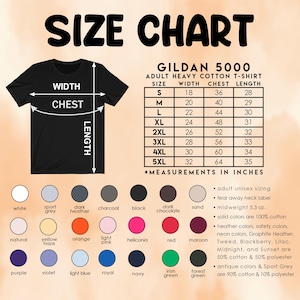 May include: A black t-shirt with a size chart, including width, chest, and length measurements in inches. The chart lists sizes S to 5XL, with corresponding measurements. Color options are also displayed.