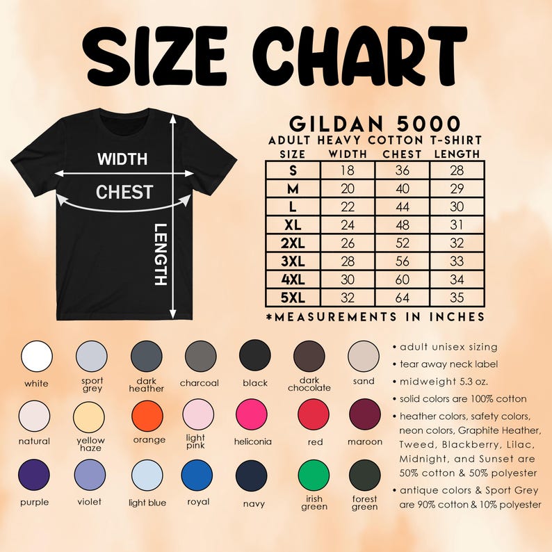 May include: A black t-shirt with a size chart, including width, chest, and length measurements in inches. The chart lists sizes S to 5XL, with corresponding measurements. Color options are also displayed.