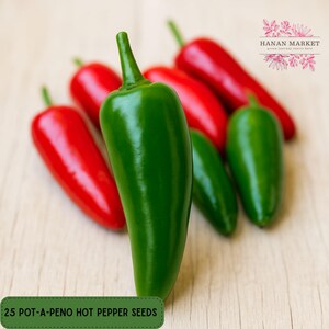 May include: A close-up of several red and green jalapeño peppers. The peppers are arranged on a light wooden surface. The image includes the text "25 POT-A-PENO HOT PEPPER SEEDS" in a green box.