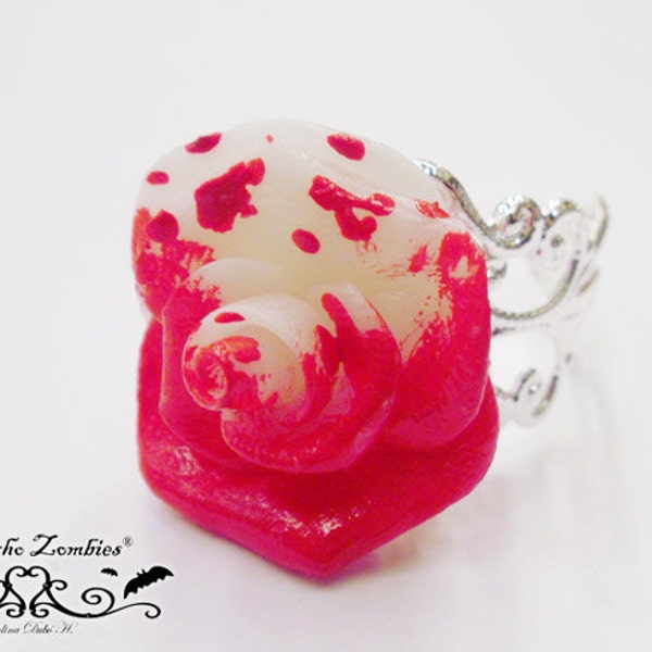 Alice in Wonderland Painted white to red Rose adjustable ring silver