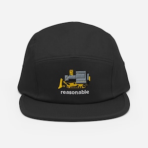 May include: Black five-panel cap with a flat brim. The cap features an embroidered design of a yellow and gray bulldozer with the word "reasonable" in white below the image. The cap is made of a soft, durable fabric.