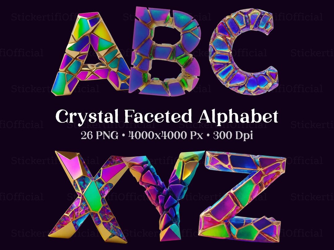 Crystal Faceted Alphabet - 3D Iridescent Glass Letters PNG Bundle ...