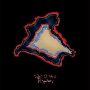 May include: Album cover art for "Purgatory" by Tyler Childers. The artwork features a layered, abstract shape with red, blue, and yellow hues against a black background. The album title and artist name are in white script at the bottom.
