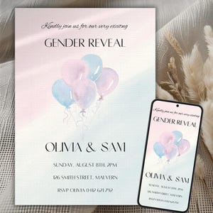 Modelo de convite para revelação do sexo do bebê editável, convite para festa "Ele/Ela" para impressão, cartão exclusivo para revelação do sexo do bebê, download digital do Canva