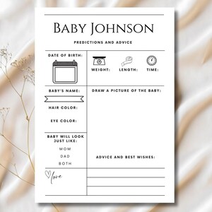 Jeu minimaliste de baby shower, modèle de prédictions et de conseils pour bébé, idées de baby shower, baby shower bohème à imprimer, jeu de baby shower modifiable