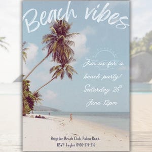 Invitation fête de plage vintage, fête d'été rétro, invitation de fête de plage, imprimable modifiable, invitation à une fête d'été, modèle de toile tropicale